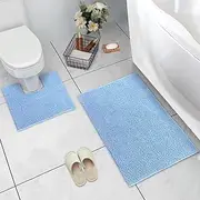 LINENOVA Chenille Bath Mat Set 2 Piece, Absorbent Non-Slip Bath Mat & U-Shaped Contour Toilet Rug, Plush Shaggy Bathroom Rug Set, Machine Wash, Blue Suede