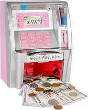 ATM Savings Bank,Pink Mini ATM Piggy Bank for Real Money,Personal ATM Cash Coin Money Savings Machine for Kids Adults with Card Boys Girls Gift Children Toy, Coin Reader and Balance Calculator