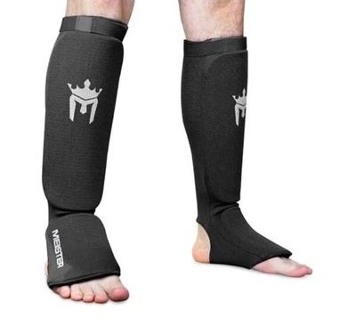 MEISTER Elastic Cloth Shin & Instep Guards S/M Muay Thai MMA Taekwondo PadsBLK