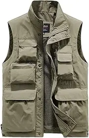 [Bciopll] Sleeveless Vest for Men Classic Solid Multi Pocket Stand Collar Jacket Casual Male Director Waistcoat