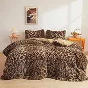 XeGe Cheetah Print Fluffy Faux Fur Duvet Cover Set, 3 Pieces Soft Plush Shaggy Fuzzy Bedding Set(1 Faux Fur Leopard Print Comforter Cover + 2 Furry Pillow Cases), Zipper Closure(King, Brown)