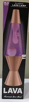14.5” Lava Lamp ROSE GOLD New in Box Pink Wax & Purple Liquid Painted Base & Cap