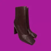 TOPSHOP Halia Square Toe Boots, Block Heels in Burgundy, Faux Leather, UK 7