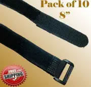10 x 8" Black Fastener Cable Tie Down Straps Reusable Cord Hook & Loop Fabric