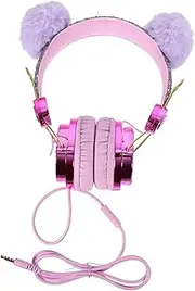 BRIGHTFUFU Glitter Plush Ear Headphones Adjustable Volume Limiting Wired Headset for Comfortable Design for School Travel and Gaming