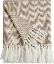 bearberry Decorative Herringbone Throw Blanket Lightweight Soft Blanket with Fringe for Bed, Sofa, Farmhouse (Beige, 52"x67")