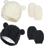[QionWon] 2 Set Newborn Winter Beanie Hats Gloves Kit for Baby Girls Boys Infant Toddler Warm Knitted Hats Glove Autumn Spring