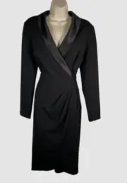Adrianna Papell Women's Black Long Sleeve Crepe Tuxedo Faux Wrap Dress Size: 12