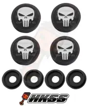 4 Black Custom License Plate Frame Tag Screw Cap Covers - PUNISH SKULL B16