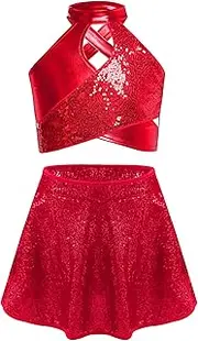 [inhzoy] Kids Girls Sequins Metallic Dance Outfits Jazz Latin Dance Costume Crop Top with Mini Skirt Set