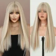 26Inch Long Straight Wig with Bangs Blonde Wig Heat Resistant Light Brown Hig...