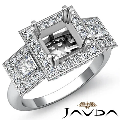 Circa Halo Three Stone Diamond Engagement Round Princess Semi Mount Ring 2Ctw