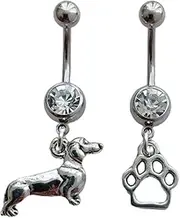 [Generic] 2pcs Dog and Paw Print Charm Belly Ring, Cute Belly Button Jewelry Set, Surgical Stainless Steel 14G Navel Barbell Ring with Dangle Pendant, Dachshund Lover Piercing Body Jewelry