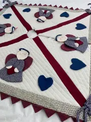 Vintage 1980's Angel Hearts Quilted Patchwork Christmas Tree Skirt Burgundy Blue