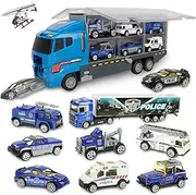 jenilily Police Car Toy Truck Mini Rescue Vehicles Playset in Carrier Truck for Kids 3 4 5 Years Old
