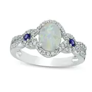 Oval Lab-Created Opal, Blue and White Sapphire Open Frame Twist Shank Ring in Sterling Silver