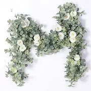 Artificial Eucalyptus Garland with Champagne Rose- 5.9 Feet Artificial Floral Vines for Wedding Decorations- Indoor Outdoor Backdrop Wall Décor-Table Runner, Doorways Garland