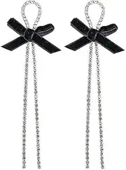 [kejlyouejn] Bowknot Styling Drop Earrings Long Tassel Shiny Crystal Stylish Women Earring