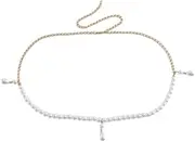 [Generic] Simple Beaded Waist Chain Belt for Women,White Pearl Waist Belt for Outfit Dress Jean,Metal Bead Belly Chain Belt,Bikini Beach Pearl Waist Body Jewelry for Women