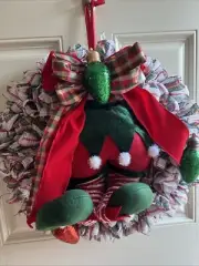 Christmas Elf Plush Bottom Front Door Wreath Handmade Deco Mesh Decor