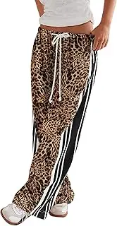 [SAFRISIOR] Womens Hudson Canyon Pants Side Striped Sweatpants Drawstring Waist High Rise Pant Trousers with Pockets, Leopard Yellow, Small