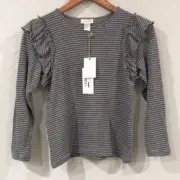 NEW Siaomimi Girl Sz 12 Grey Stripe Flutter Top 100% Cotton Long Sleeve