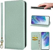 [NanHou] Samsung Galaxy S21 FE Case Microfiber Leather RFID Blocking Wallet Magnetic Closure Kickstand Wrist Strap Card Holder Shockproof Flip Cover - Light Green