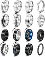 [Kakonia] 16 Pcs Silver Black Men Rings Stainless Steel Matte Finish Polished Band Rings Chain Rings Celtic Ring Bottle Opener Rings Wedding Band Engagement Promise Fidget Ring