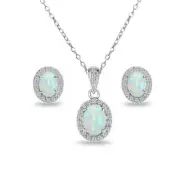 4Ct Oval Lab Created Fire Opal Halo Pendant & Earrings Set 14K White Gold Plated