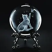 Prefdo 3D Crystal Ball with Stand, Paperweight 60mm(2.3Inch) Laser Engraved Glass Sphere Display Globe Meditation Ball Desktop Decor（Cat）