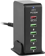 USB C Charger Dock, Total 65W 6-Port Wall Charger PD 20W + QC3.0 18W + 4X USB-A 5V/2.4A Charging Station Multi Ports Desktop Charger for iPhone 14/13/12/11, iPad, Galaxy S22/S21(AU Plug, 240V, Black)