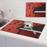 Music Note Piano Dish Drying Mats for Kitchen Counter, Absorbent Microfiber Kitchen Dishes Drainer Mat Large Dish Drying Pad with Hook Coffee Mat Kitchen Accessories 18x24 Inch