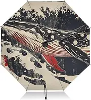 [PDZRMY] Japanese Whale Waves UV Protection Travel Umbrella Compact for Rain and Sun - Auto Open and Close UPF 50+ Windproof Portable 46” Sun Umbrella for Women and Men