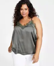 NEW - Bar III Women Trendy Plus Size Satin Lace-Trim Camisole Olive Size 3X
