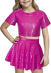 [Happy Cherry] Kid Girl Shiny Skirt and Top Set 2 Pcs Short Sleeve Metallic Disco Crop Top & Pleated Mini Skirt Set