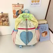 Yellow Colorblock Drawstring Backpack - Lightweight Nylon Bag with Heart Mesh Po