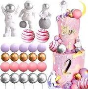 LaVenty Pink Space Cake Toppers Outer Space Astronaut Rocket Stars Cake Decorations for Birthday Party Supplies Baby Shower