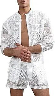 [Generic] Men Summer Casual Short Sets Lace Short Sleeve Button Down Shirt Elastic Waist Shorts 2 Piece Outfits Tracksuit
