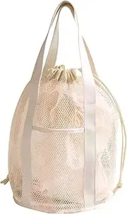 [Blogiiup] Kids Beach Bag Beach Tote Bag with Drawstring Foldable Beach Toy Bag with 2 Front Pockets Swim Pool Mesh Bags Drawstring for Toys, Towel, Flip Flops Beige, Beach Tote Bag