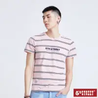 在飛比找momo購物網優惠-【5th STREET】中性條紋LOGO短袖T恤-粉紅