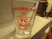 Vintage Virginia City - 3" heavy Shot Glass- mine cart logo- by Libbey- new