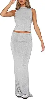 [Lybiogs] Skirt Sets Women 2 Piece Outfits - Sexy Two Pc Sleeveless Tank Crop Top Fold Over Maxi Long Skirts
