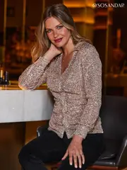 Sosandar Pink Ruched Front Sequin Shirt (Q50979) | $136