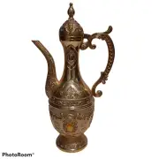 Vint Ornate Etched Golden Brass Teapot Genie Lamp Pitcher From Turkey HandMade