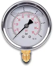 Pressure Gauge with Radial Connection, Stainless Steel IP65, 2.48'' with Bottom Connector, 1/4 Glycerin (0-90 psi)