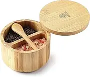 8SOM Bamboo Salt and Pepper Box with Swivel Lid and Embedded Spoon, Magnetic Closure Lid to keep the dust out, Salt Cellar Bowl Container to Storage Pepper Spice Herb Sea Salt, Dual 5 Oz Capacity