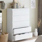 [Merryluk] 5 Drawer White Chest of Drawers,Wooden Dresser Storage Cabinet with Wheels for Bedroom,Office,Living Room,Entryway,Mobile Organizer Furniture