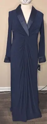 Adrianna Papell Women's Blue Long Sleeve Tuxedo Gown Dress Size 16