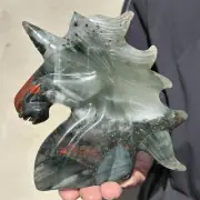 1.03LB TOP! Natural blood stone quartz hand carved crystal unicorn skull healing