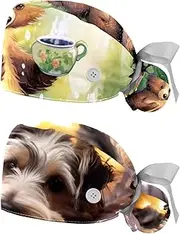 [YTYVAGT] 2-Pc,Nurse Scrub Caps,Scrub Hats with Buttons and Cotton Sweatband,Cute Cartoon Bear Pattern